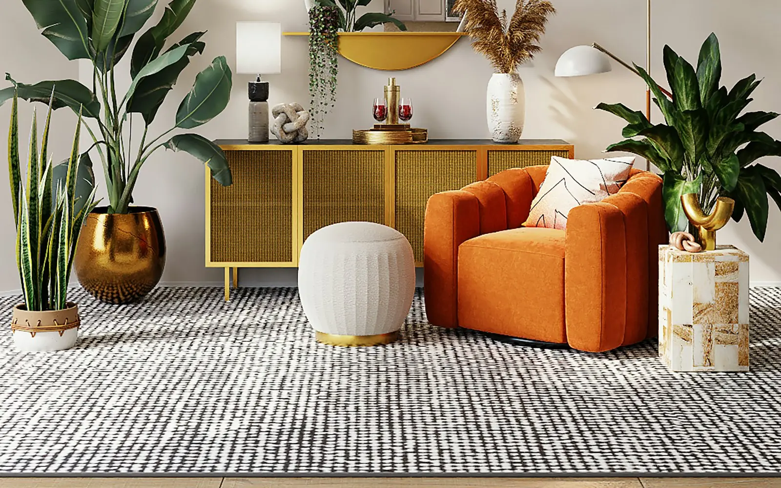 Living room with orange armchair, gold sideboard and plants