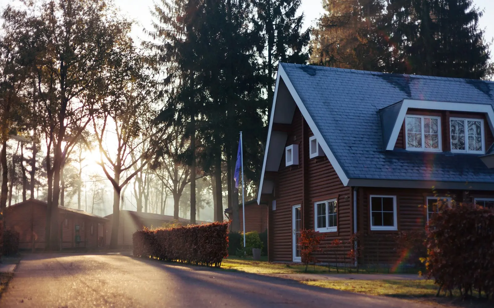 Brick house with a steep roof surrounded by tall trees