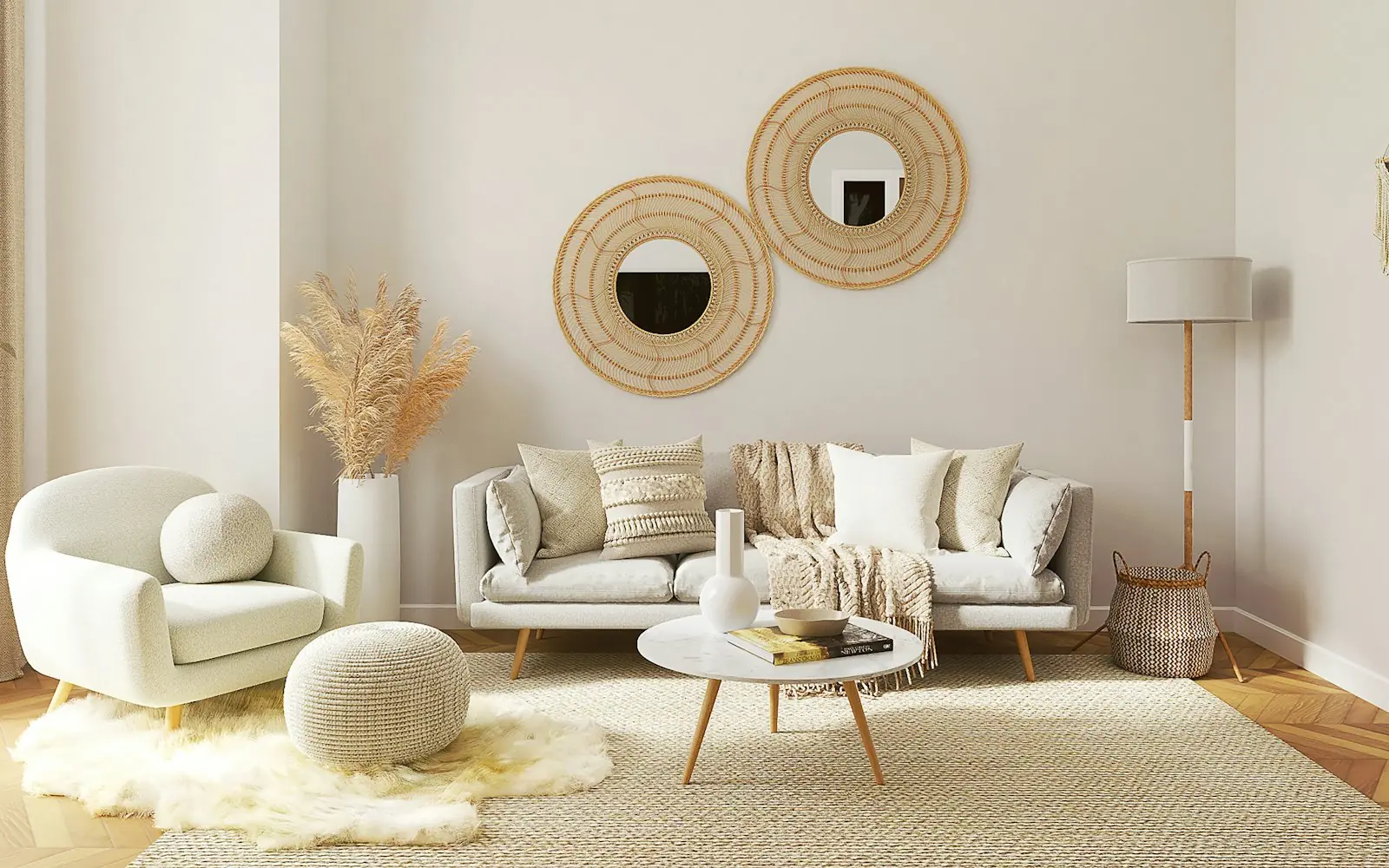 Cozy neutral living room with round mirrors and soft textures