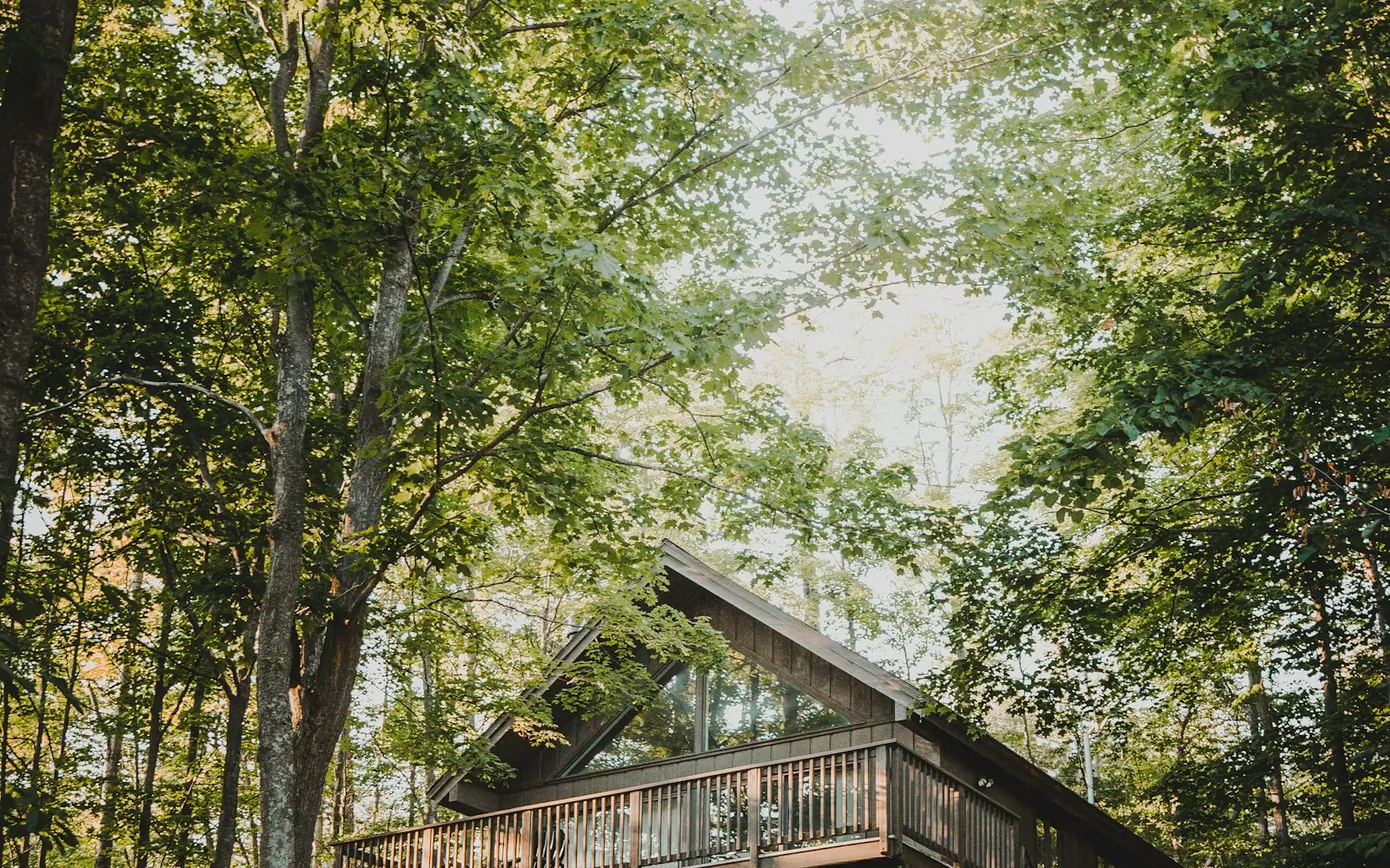 Wood house with a large wraparound deck surrounded by trees