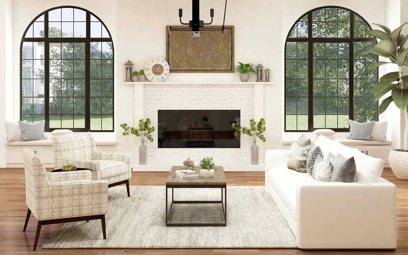 Bright living room with a whitewashed, German schmear style fireplace