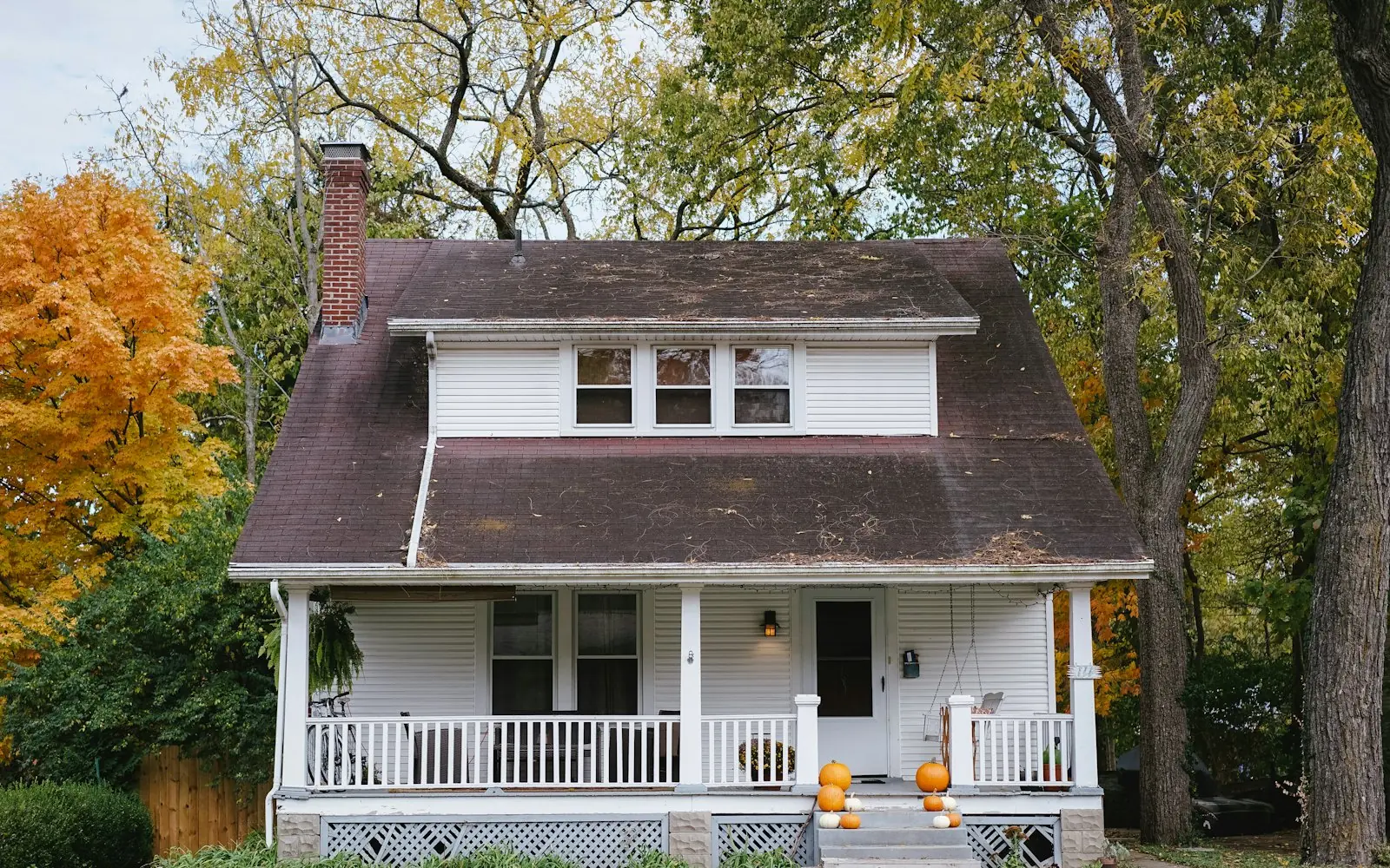 Charming bungalow with a white front porch and shrubs along the foundation